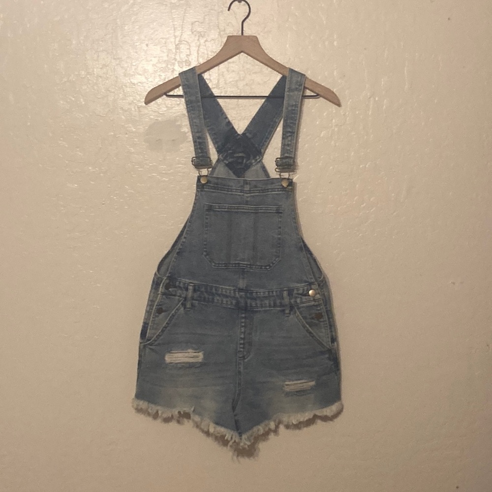 Denim Overalls with Frayed Hem in very good condition